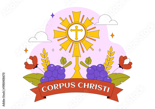 Corpus Christi Vector Illustration Featuring Holy Eucharist Chalice, Bread, Grapes, Cross, And Catholic Religious Feast Celebration Design