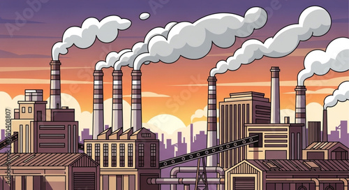 Industrial factory chimneys emitting smoke into the sky at sunset.