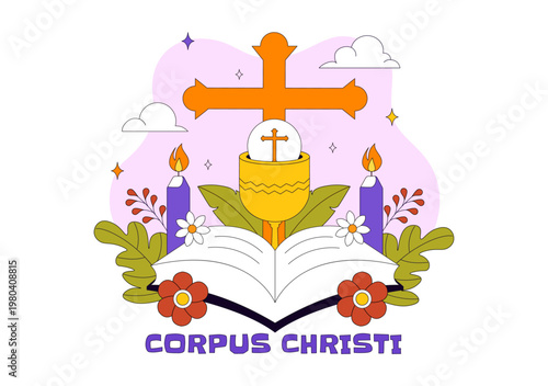 Corpus Christi Vector Illustration Featuring Holy Eucharist Chalice, Bread, Grapes, Cross, And Catholic Religious Feast Celebration Design