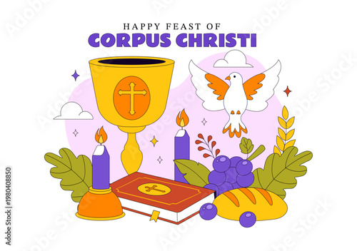 Corpus Christi Vector Illustration Featuring Holy Eucharist Chalice, Bread, Grapes, Cross, And Catholic Religious Feast Celebration Design