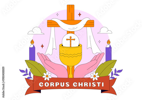 Corpus Christi Vector Illustration Featuring Holy Eucharist Chalice, Bread, Grapes, Cross, And Catholic Religious Feast Celebration Design