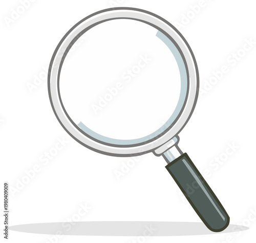 Clean cartoon magnifying glass icon with transparent lens, symbolizing search, investigation, and analysis