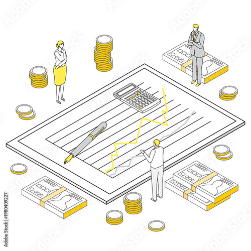 財務データを分析するビジネスパーソンと紙幣・コインのアイソメトリック線画イラスト