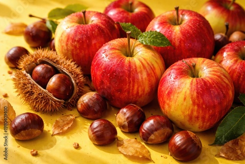 Fresh chestnut and red Royal Gala apples displayed on bright yellow backdrop