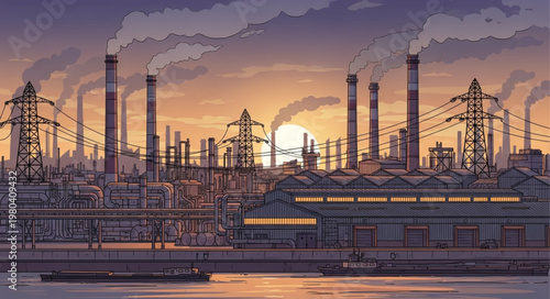 Industrial factory complex with smokestacks at sunset.