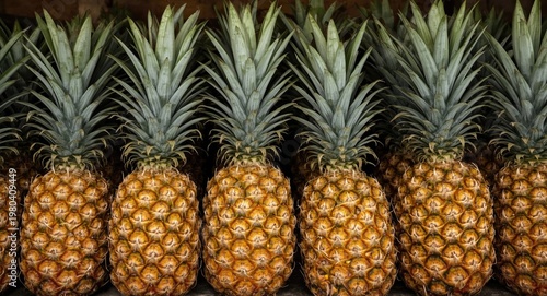 Intensive close shot of ripe pineapples packed together