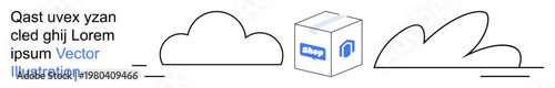 Cloud computing, data encryption, online delivery, secure storage, technology solutions, innovation. A box with a lock icon between cloud shapes. Cloud computing and data encryption concept