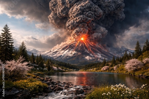 Volcanic eruption with ash ...