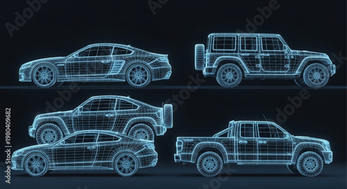 Digital Wireframe Blueprints of Various Vehicles.