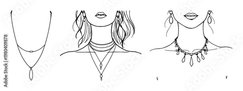 Women necklace set with elegant silhouette and detailed line drawing featuring female figure, jewelry, fashion with necklace and accessories
