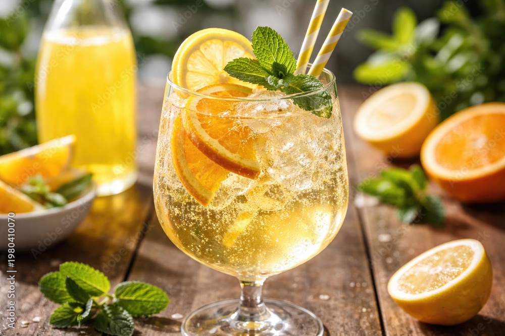 Obraz premium Refreshing Limoncello spritz cocktail in a clear glass with citrus garnish