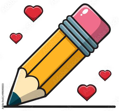 Yellow pencil drawing a line surrounded by hearts symbolizing love for writing, education and creative expression