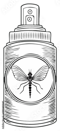 Insecticide Aerosol Spray Can with Graphic Mosquito Illustration Sketch Line Art