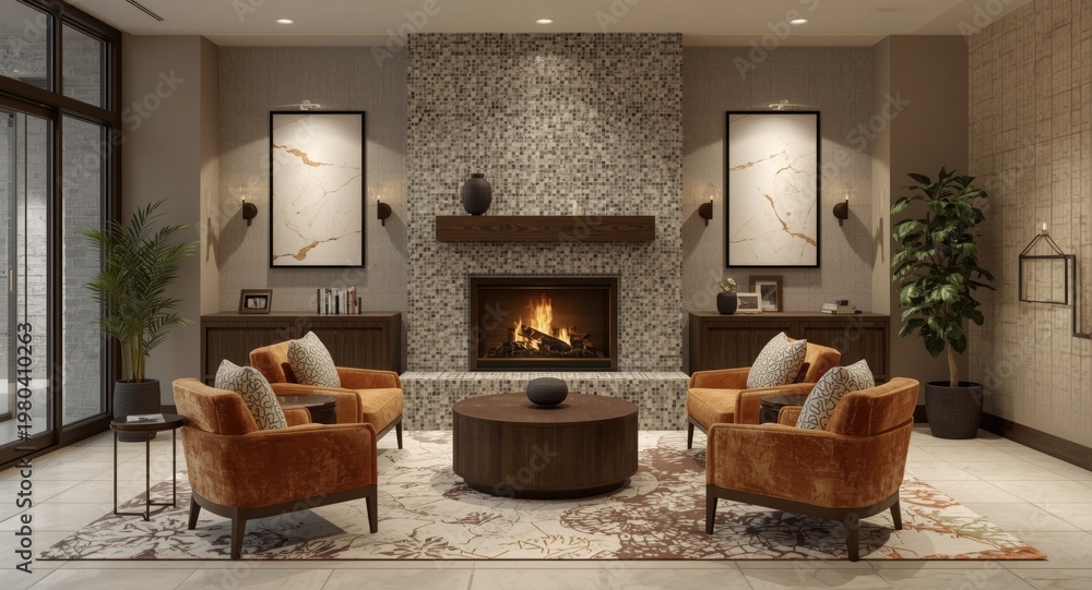 Obraz premium welcoming lounge space featuring a tiled fireplace and relaxed seating