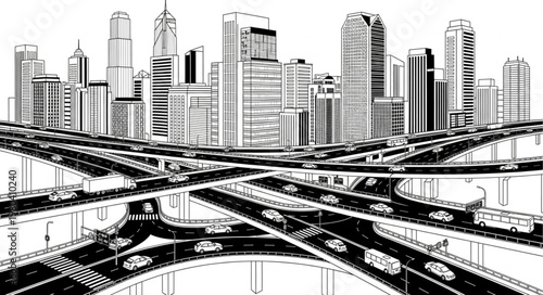 Modern Cityscape with Complex Highway Interchange and Skyscrapers.