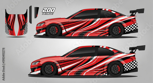 Red Sports Car With Racing Stripes and Spoiler.