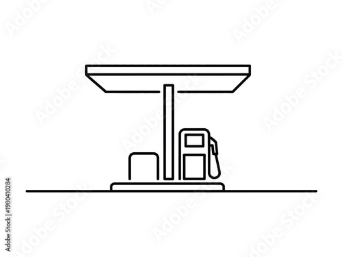Line drawing of a gas pump station with canopy and fuel dispenser