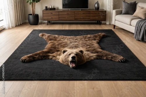 Black rectangular carpet mockup for modern room interior with empty decorative bearskin overlay and clear front view