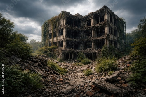 A ruined building surrounde...