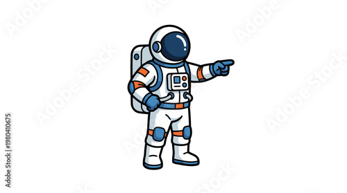 Full body cartoon astronaut pointing forward as a visionary project manager in space suit, ideal for startup leadership presentation, corporate identity growth and business goal achievement