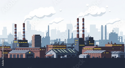 Industrial factory complex with smoking chimneys and city skyline.