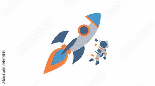Flat rocket launching with a flame and astronaut floating on white background, ideal for innovative manager presentation, entrepreneur leadership projects and tech startup marketing