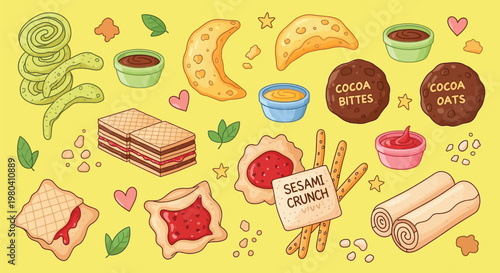 A vibrant cartoon illustration showcasing a variety of sweet snacks, cookies, wafers, and pastries with dips on a yellow background.