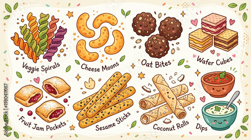 A colorful illustration of various delicious snacks: veggie spirals, cheese moons, oat bites, wafer cubes, fruit jam pockets, sesame sticks, coconut rolls, and two dips.