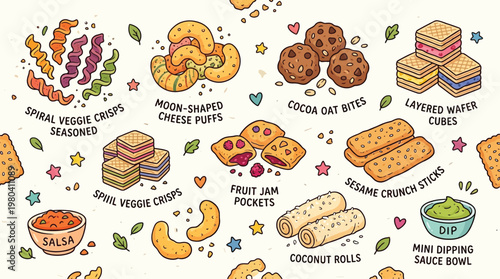 A vibrant, cartoon-style illustration showcasing an assortment of delicious and colorful snacks, including veggie crisps, cheese puffs, cookies, wafers, and dips.