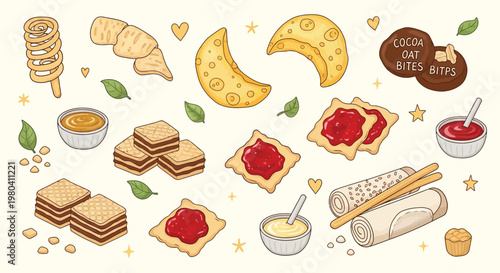 Hand-drawn illustration of various sweet baked goods, including layered cookies, jam tarts, crescent pastries, rolled crepes, and cocoa oat bites, with sauces and decorative leaves.