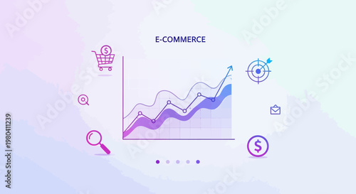 E-commerce business growth chart, purple and blue gradient icons, financial graph vector, online shopping statistics