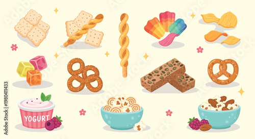 A vibrant collection of various snacks including crackers, pretzels, chips, candies, yogurt, popcorn, and granola bars, arranged on a light background.