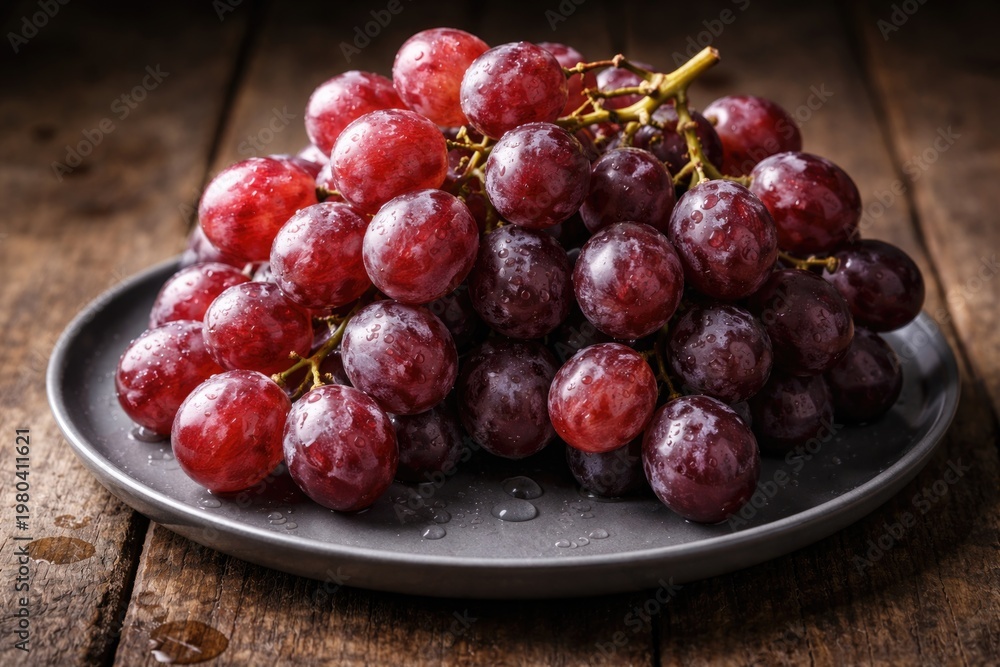 Fototapeta premium Close-up view of ripe red grapes displayed on a sleek gray ceramic plate over a rustic wooden surface showcasing juicy texture