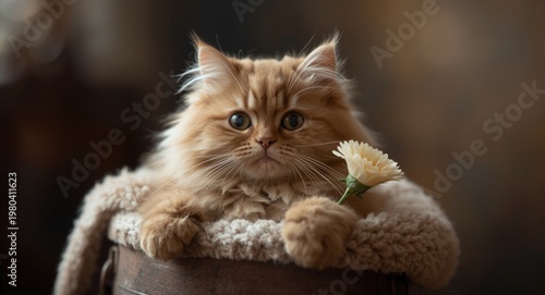 Fluffy pet cat holding a le...