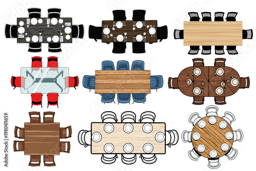 8 Wooden Table Top View Icons, Restaurant Furniture, Dining Room Decor, Vector Illustrations