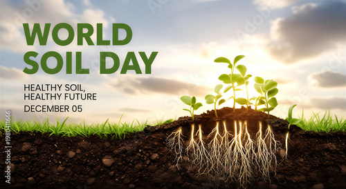 World soil day celebration with young plants growing in healthy soil under a beautiful sky