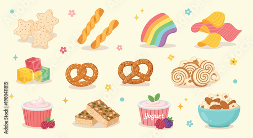 A vibrant collection of various sweet and savory snacks, including cookies, pretzels, chips, cupcakes, and candies, presented in a cheerful cartoon style.
