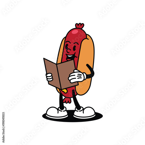 Cartoon hot dog character happily reading a book illustration.