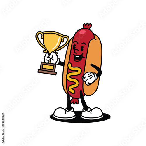 Cartoon hot dog character proudly holding a golden trophy.