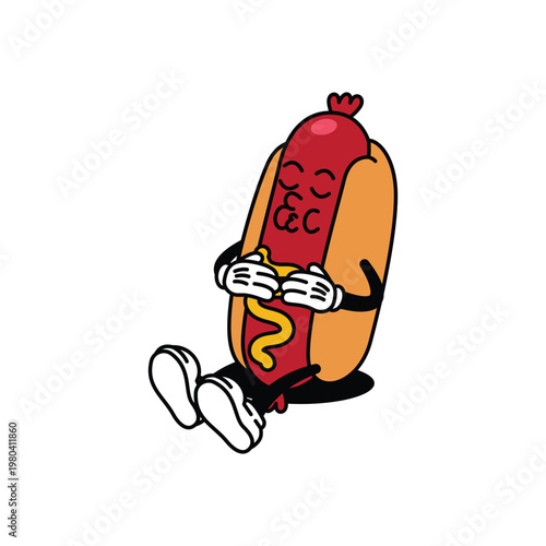 Cartoon Hot Dog Character Sleeping Peacefully with Arms Crossed.