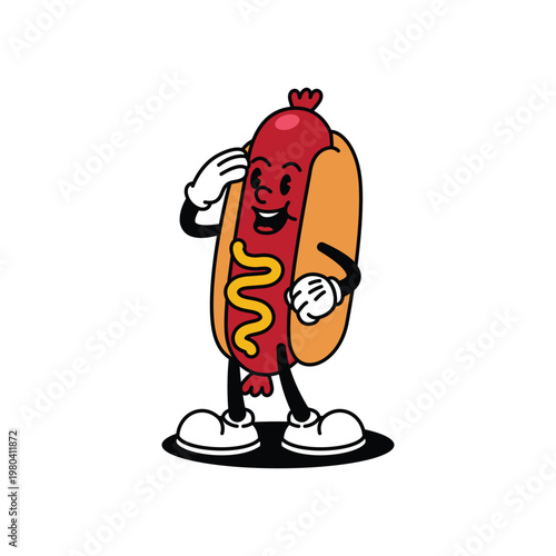 Retro Cartoon Hot Dog Character with Mustard and White Gloves.