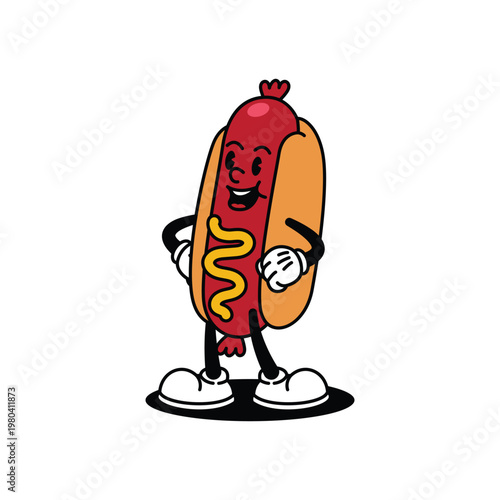 Happy retro cartoon hot dog character with mustard.