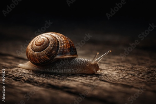 A small snail slowly crawli...