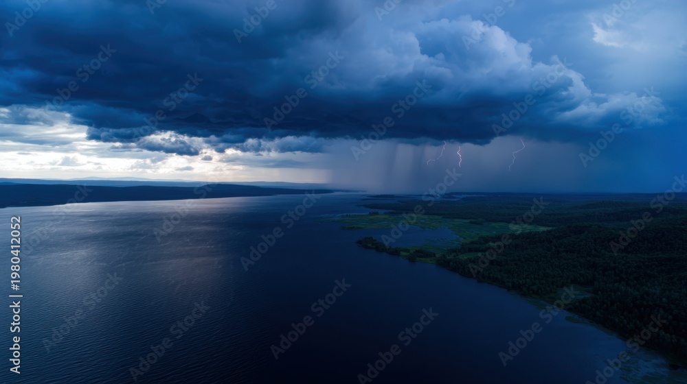 Obraz premium Aerial View of Lightning Storm Over Lake