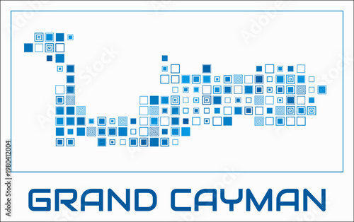 Grand Cayman digital style map. Large square dots on white background. Dotted shape of the island. Grand Cayman map and title. Classy vector illustration.