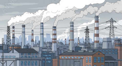 Industrial factory with smoke stacks emitting pollution into the atmosphere.
