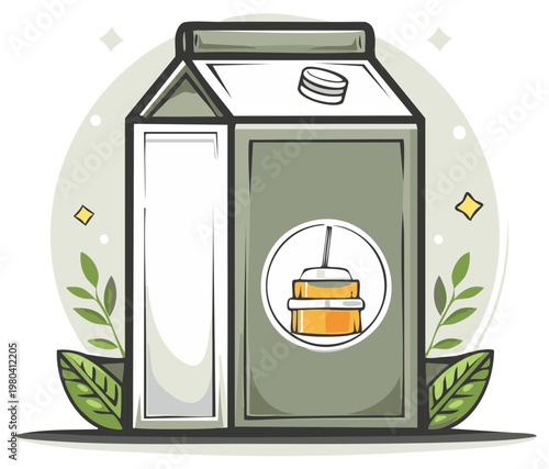 Green juice carton with straw and leaves illustration