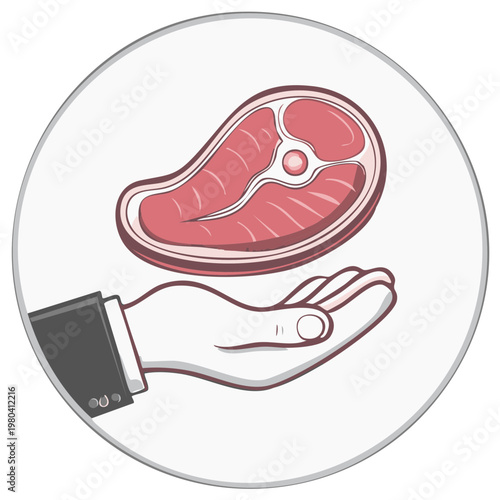 Businessman hand presenting a fresh raw beef steak cartoon illustration