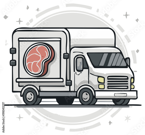 Cartoon meat delivery truck with beef steak icon illustration, food transportation concept for online groceries, butcher shops