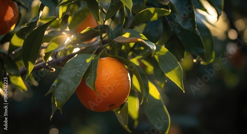 Sunlit oranges on a branch with rich green leaves and copy space